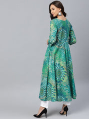 Jompers Women Green & White Printed Flared Kurta - JOK_1249_Green_S