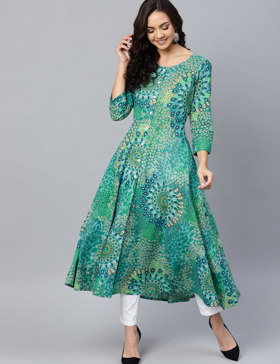 Jompers Women Green & White Printed Flared Kurta - JOK_1249_Green_S