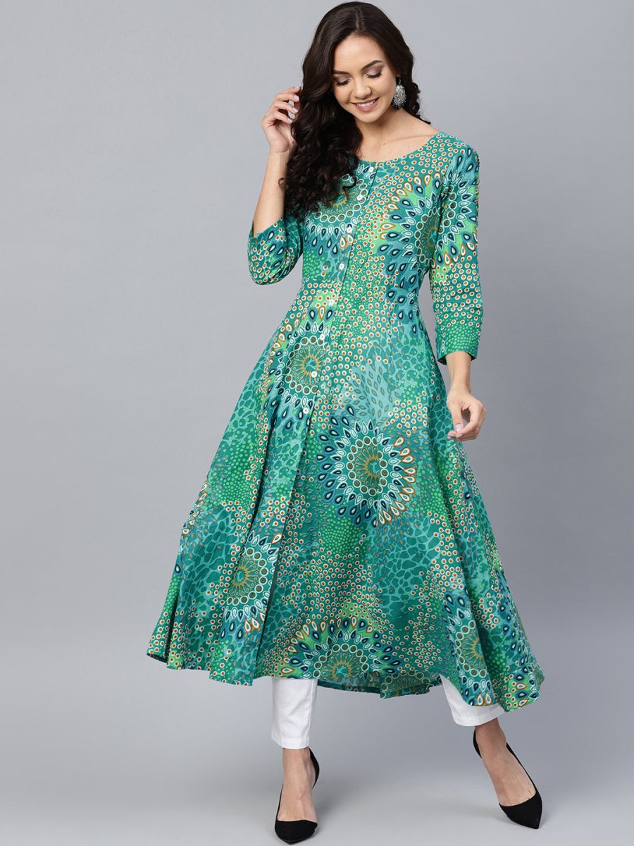 Jompers Women Green & White Printed Flared Kurta - JOK_1249_Green_S