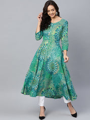 Jompers Women Green & White Printed Flared Kurta - JOK_1249_Green_S