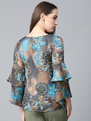 Jompers Women Grey & Blue Printed Top - JOT_7008_Blue_XS