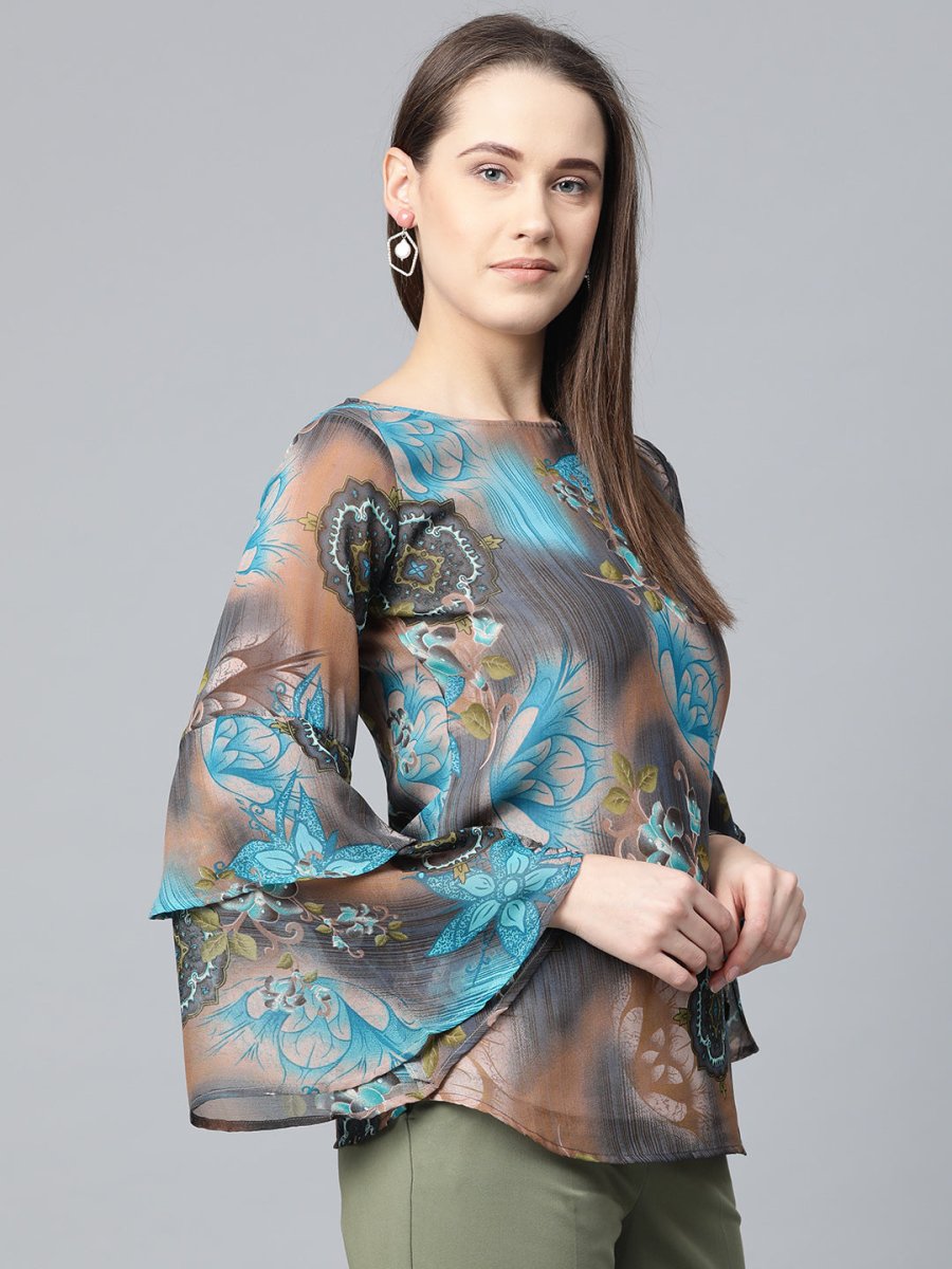 Jompers Women Grey & Blue Printed Top - JOT_7008_Blue_XS