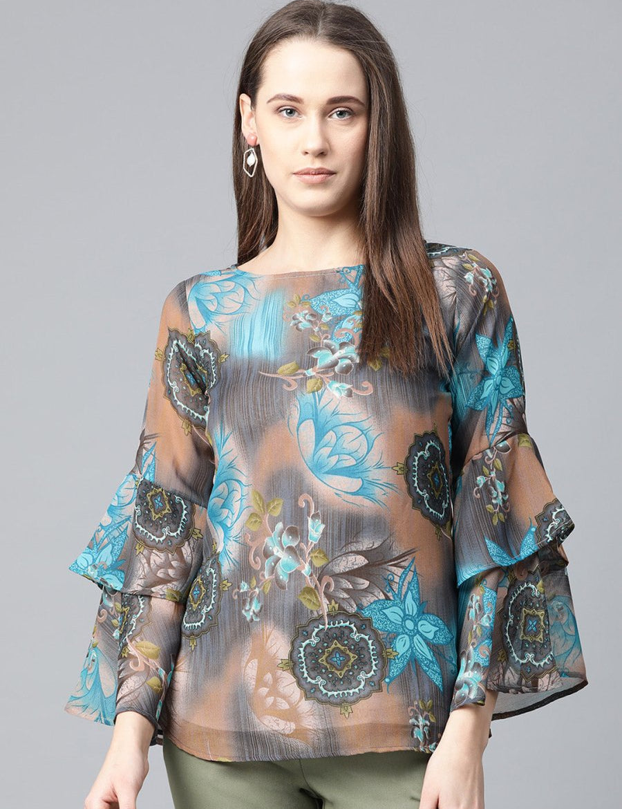 Jompers Women Grey & Blue Printed Top - JOT_7008_Blue_XS