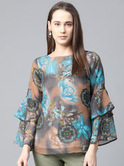 Jompers Women Grey & Blue Printed Top - JOT_7008_Blue_XS