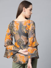 Jompers Women Grey & Mustard Printed Top - JOT_7008_Yellow_XS