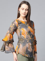 Jompers Women Grey & Mustard Printed Top - JOT_7008_Yellow_XS