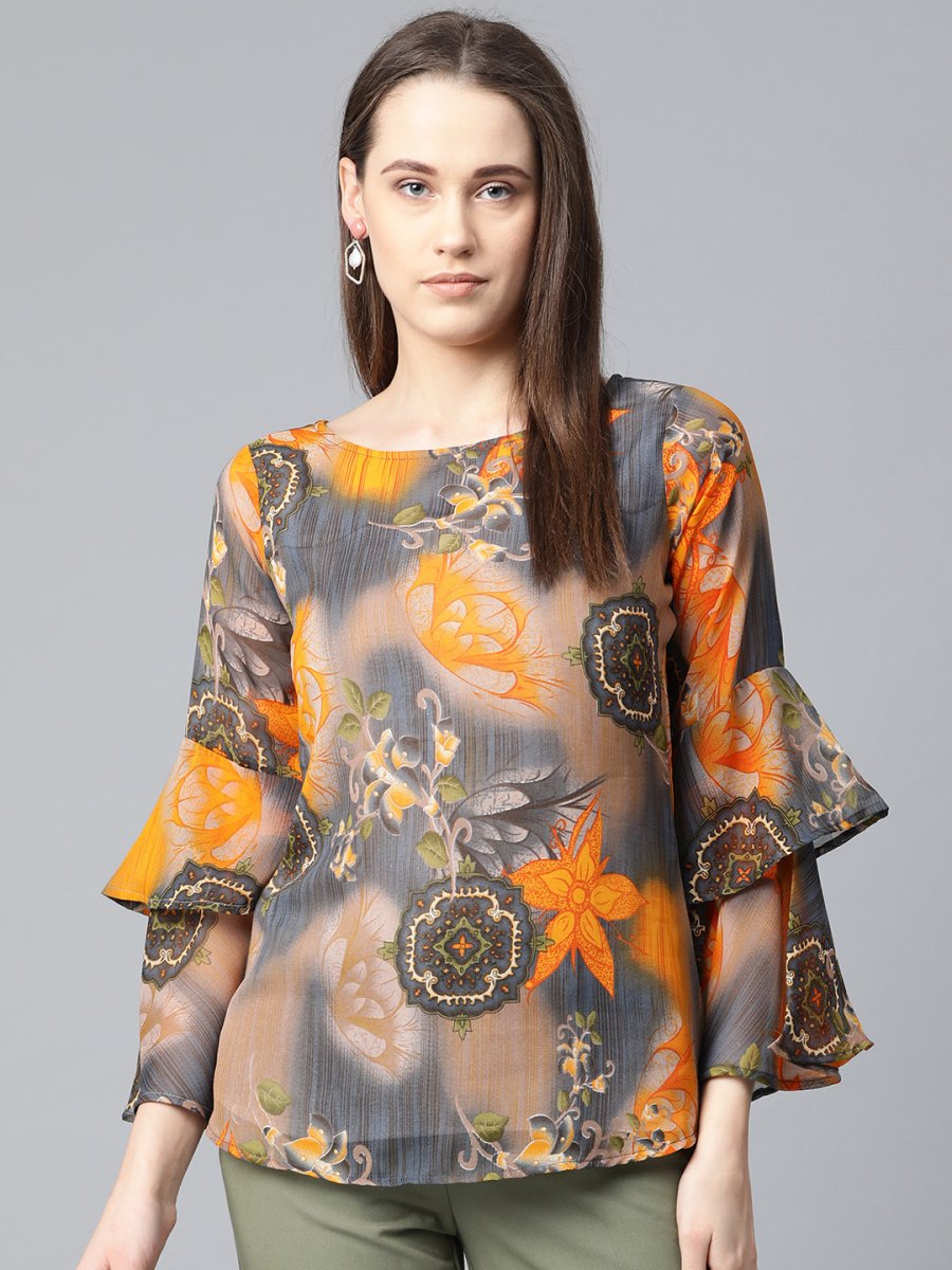 Jompers Women Grey & Mustard Printed Top - JOT_7008_Yellow_XS