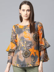 Jompers Women Grey & Mustard Printed Top - JOT_7008_Yellow_XS