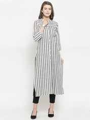 Jompers Women Grey & Off-White Striped Cotton Straight Kurta - JOK_1204_Grey_S