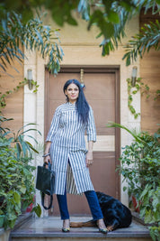 Jompers Women Grey & Off-White Striped Cotton Straight Kurta - JOK_1204_Grey_S