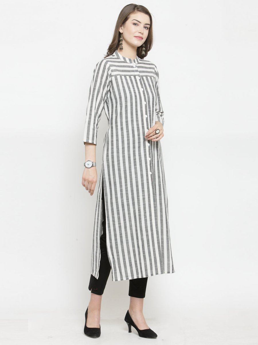 Jompers Women Grey & Off-White Striped Cotton Straight Kurta - JOK_1204_Grey_S