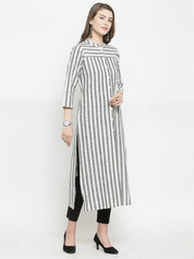Jompers Women Grey & Off-White Striped Cotton Straight Kurta - JOK_1204_Grey_S