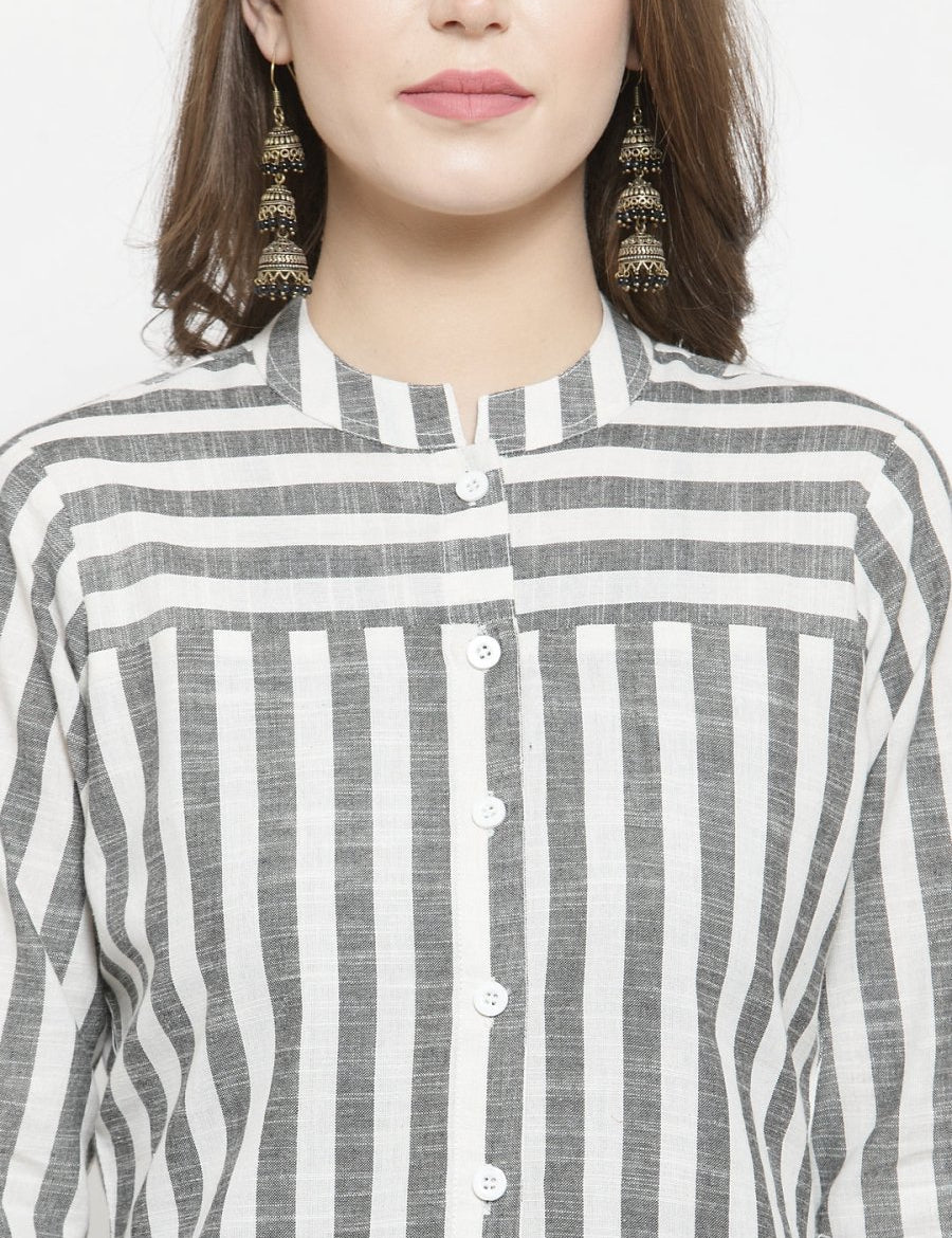 Jompers Women Grey & Off-White Striped Cotton Straight Kurta - JOK_1204_Grey_S