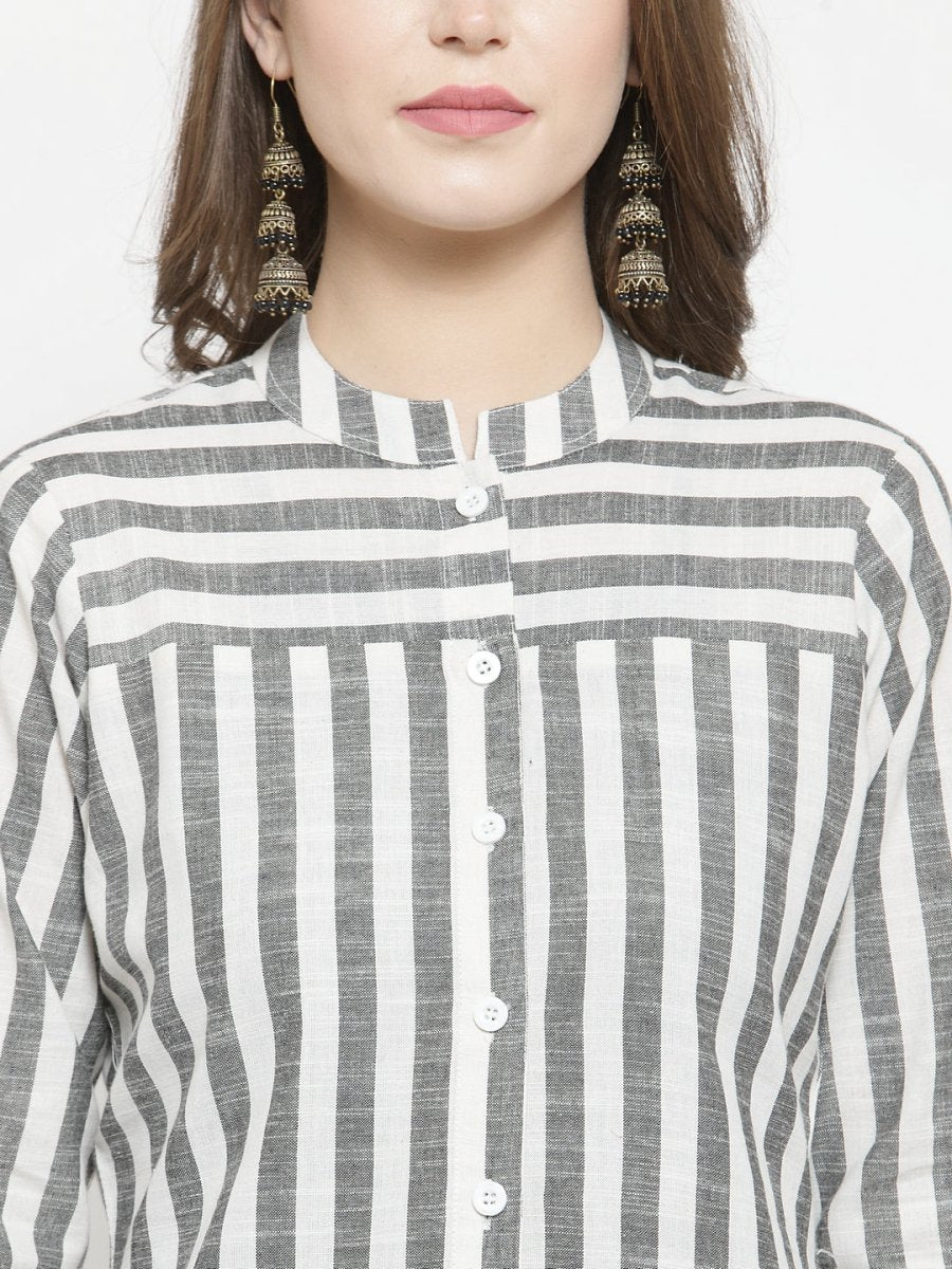 Jompers Women Grey & Off-White Striped Cotton Straight Kurta - JOK_1204_Grey_S