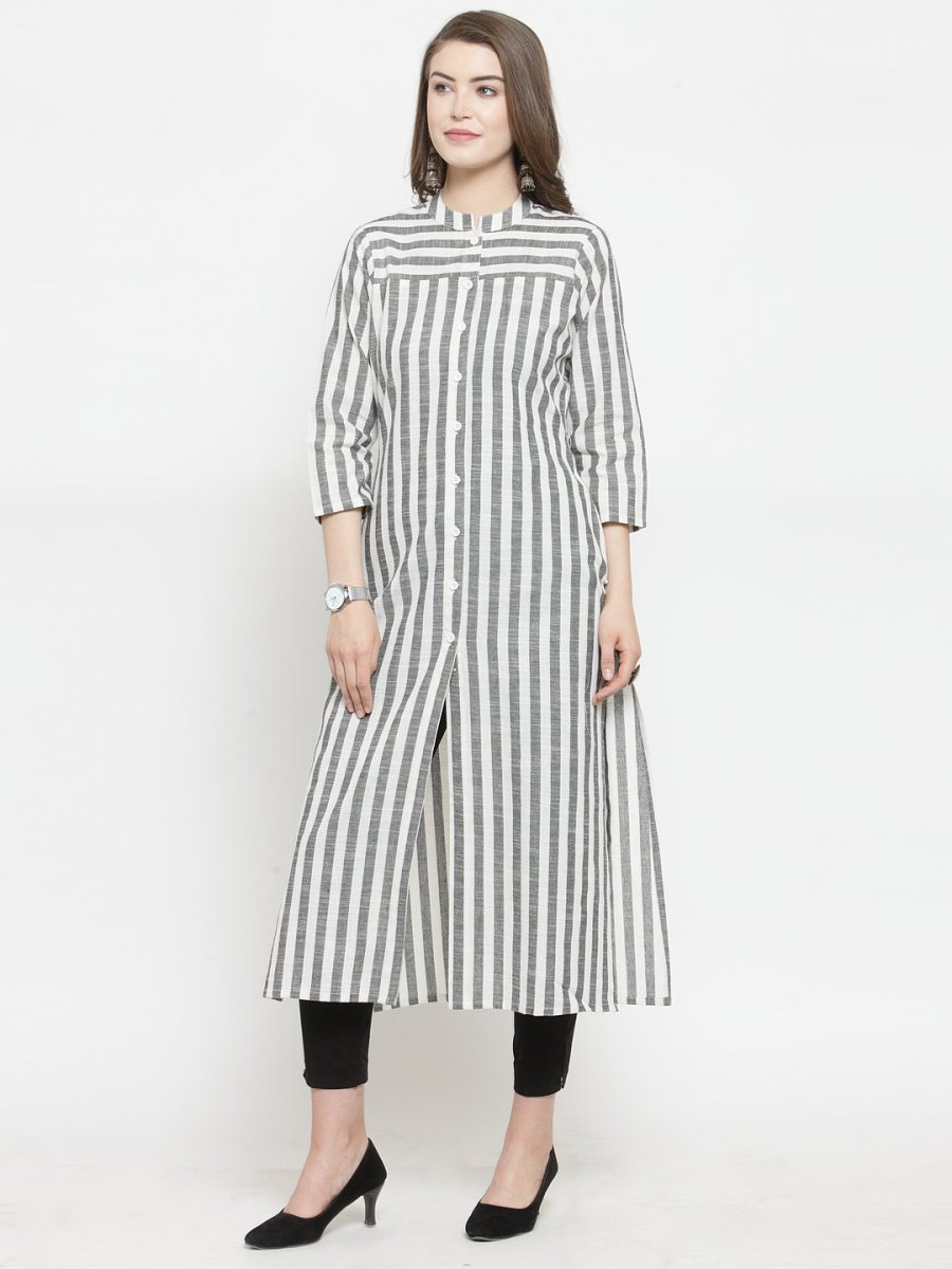 Jompers Women Grey & Off-White Striped Cotton Straight Kurta - JOK_1204_Grey_S
