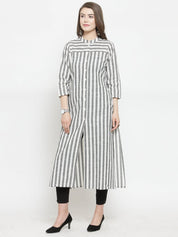Jompers Women Grey & Off-White Striped Cotton Straight Kurta - JOK_1204_Grey_S