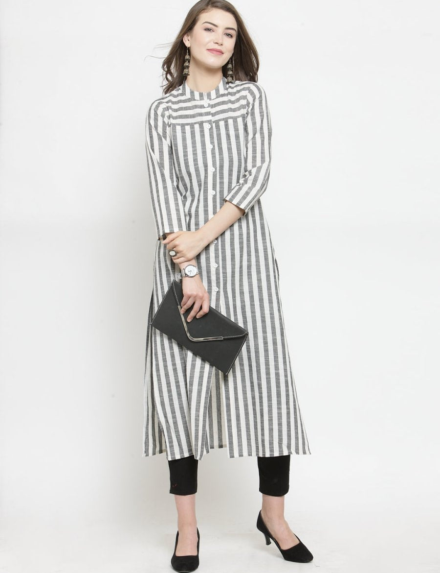 Jompers Women Grey & Off-White Striped Cotton Straight Kurta - JOK_1204_Grey_S
