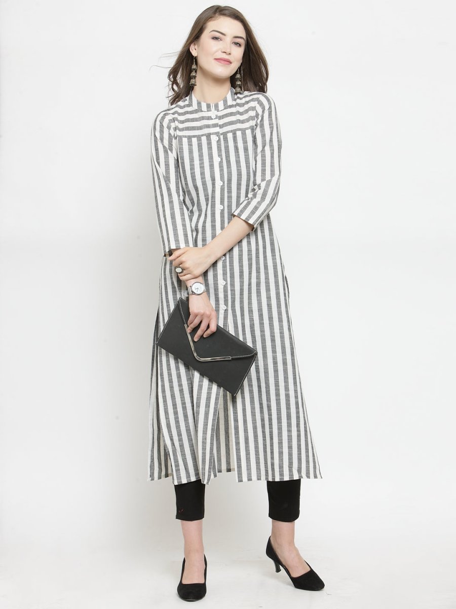 Jompers Women Grey & Off-White Striped Cotton Straight Kurta - JOK_1204_Grey_S
