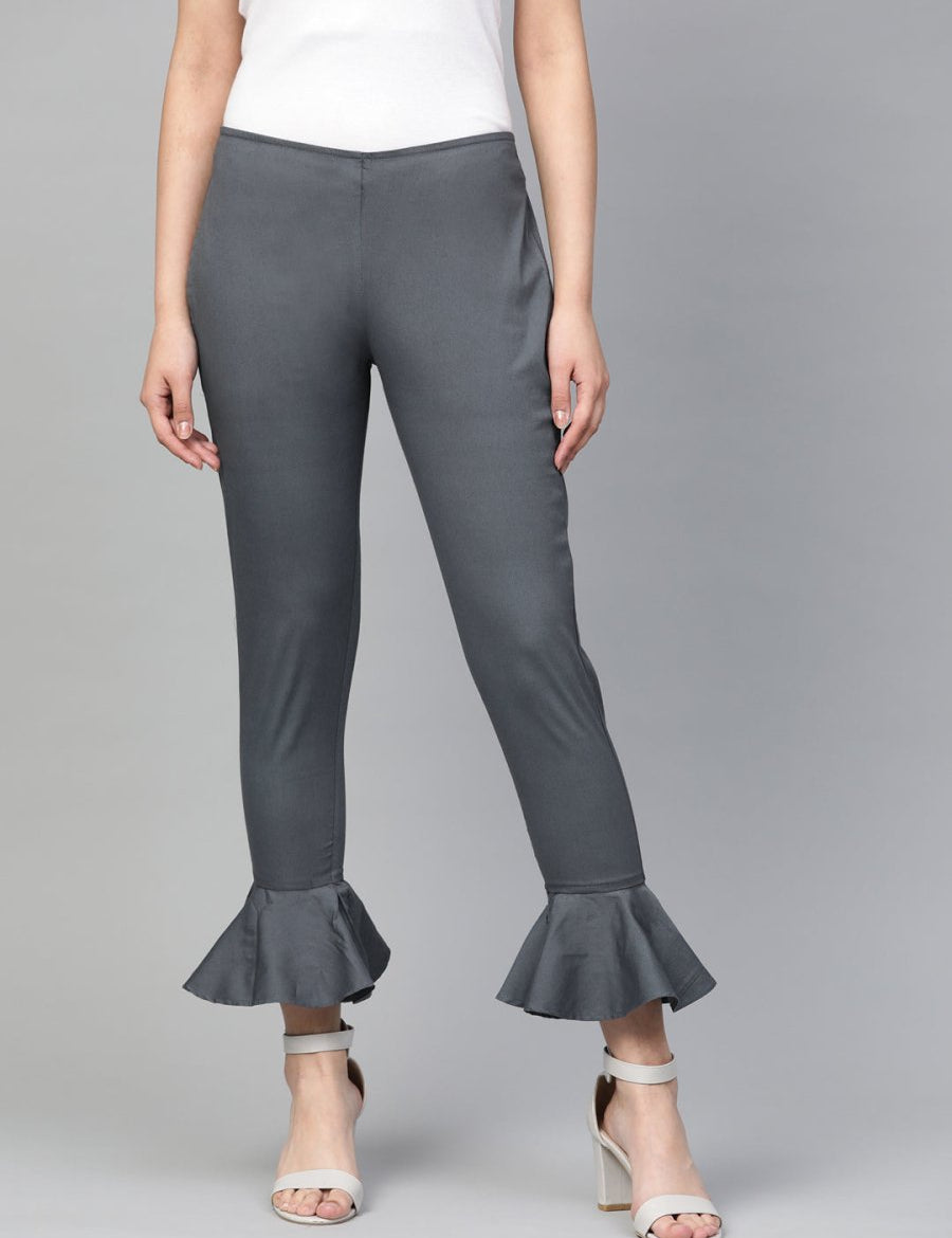 Jompers Women Grey Smart Fit Solid Bottom Flared Trousers - JOP_2128_Grey_S