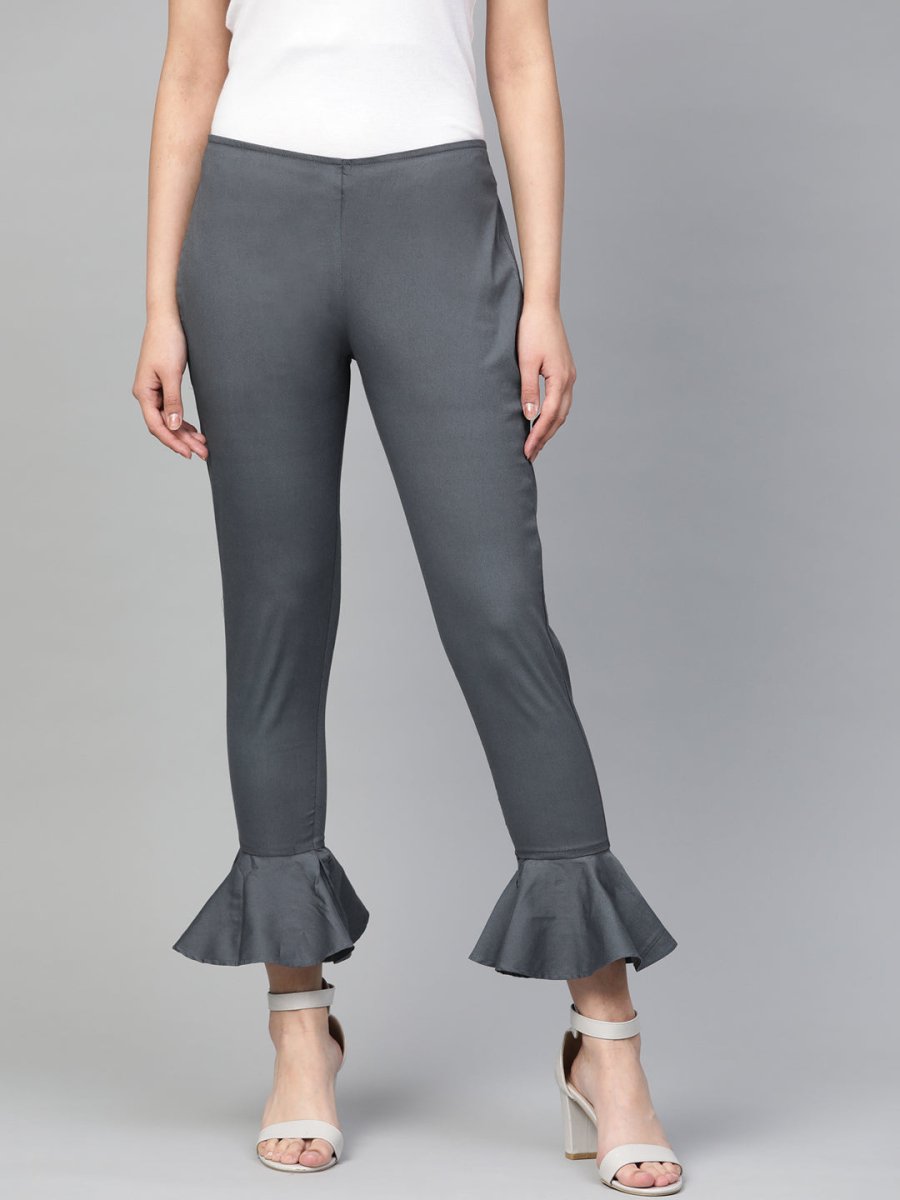 Jompers Women Grey Smart Fit Solid Bottom Flared Trousers - JOP_2128_Grey_S