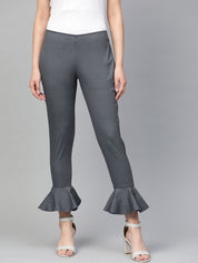 Jompers Women Grey Smart Fit Solid Bottom Flared Trousers - JOP_2128_Grey_S