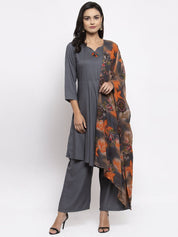 Jompers Women Grey Solid Kurta with Palazzos & Gorgette Orange Printed Dupatta - JOKPL_D2O_1312_Grey_S
