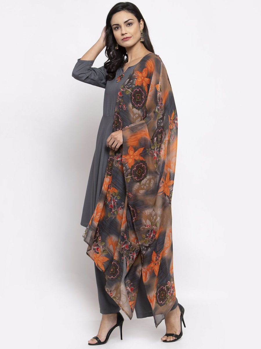 Jompers Women Grey Solid Kurta with Palazzos & Gorgette Orange Printed Dupatta - JOKPL_D2O_1312_Grey_S