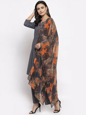 Jompers Women Grey Solid Kurta with Palazzos & Gorgette Orange Printed Dupatta - JOKPL_D2O_1312_Grey_S
