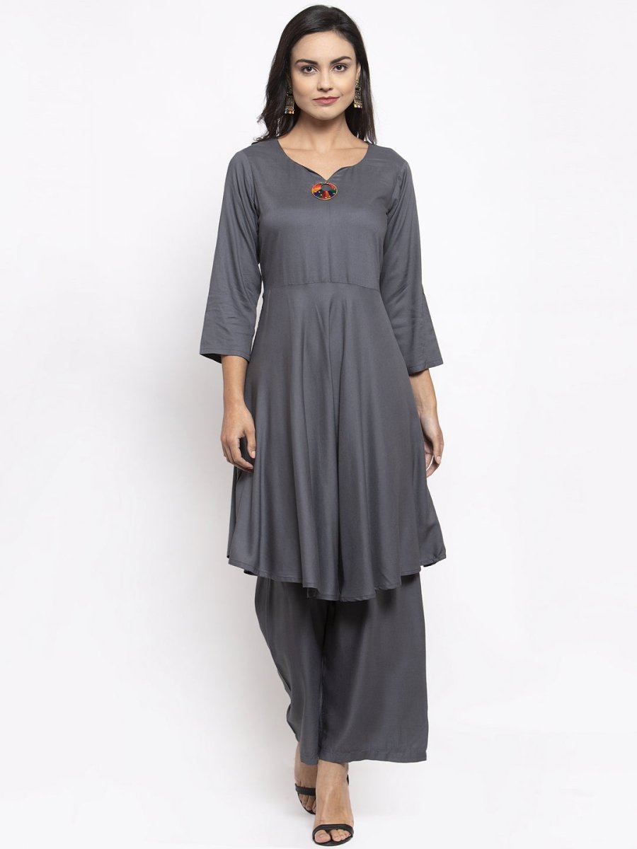 Jompers Women Grey Solid Kurta with Palazzos & Gorgette Orange Printed Dupatta - JOKPL_D2O_1312_Grey_S