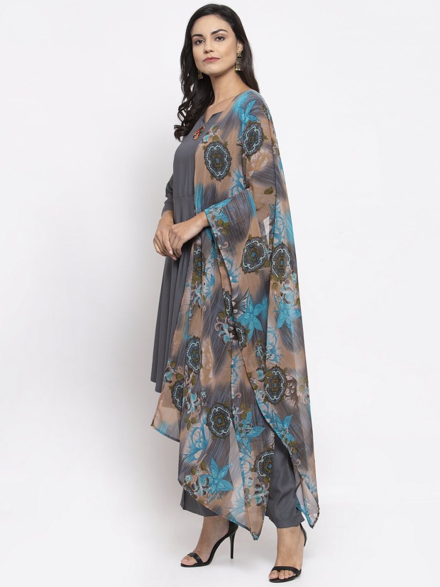 Jompers Women Grey Solid Kurta with Palazzos & Gorgette Printed Dupatta - JOKPL_D2B_1312_Grey_S
