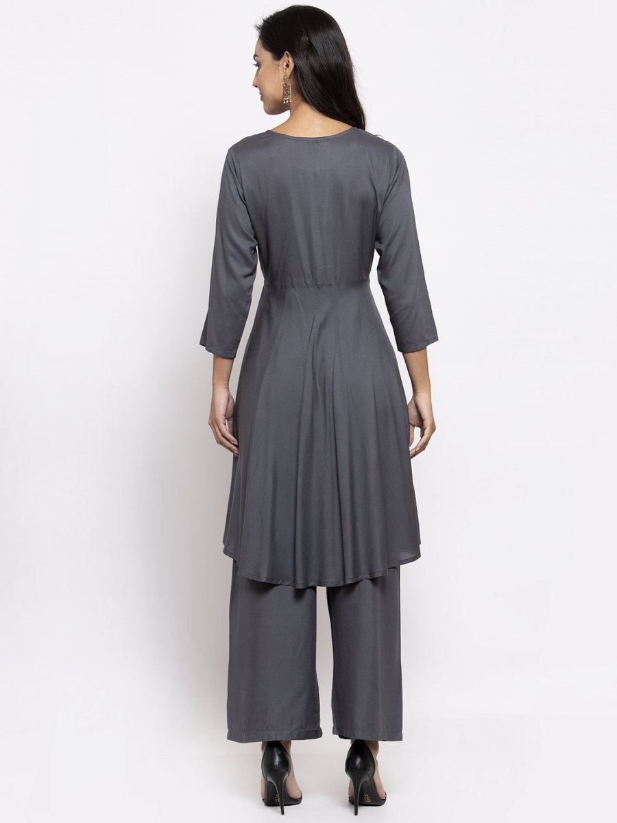 Jompers Women Grey Solid Kurta with Palazzos & Gorgette Printed Dupatta - JOKPL_D2B_1312_Grey_S