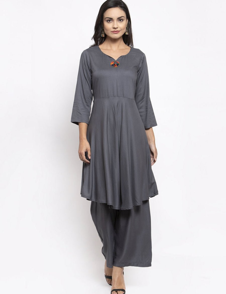 Jompers Women Grey Solid Kurta with Palazzos & Gorgette Printed Dupatta - JOKPL_D2B_1312_Grey_S