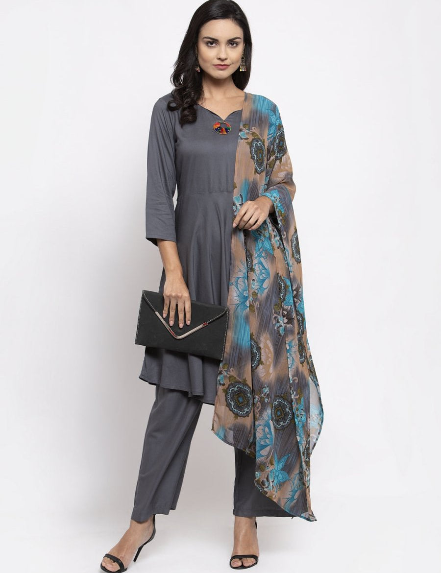 Jompers Women Grey Solid Kurta with Palazzos & Gorgette Printed Dupatta - JOKPL_D2B_1312_Grey_S