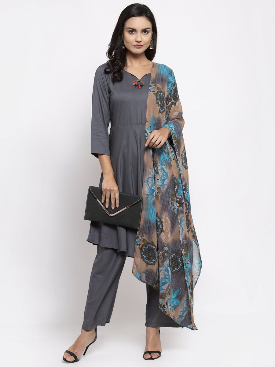 Jompers Women Grey Solid Kurta with Palazzos & Gorgette Printed Dupatta - JOKPL_D2B_1312_Grey_S