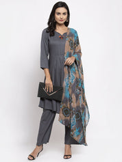 Jompers Women Grey Solid Kurta with Palazzos & Gorgette Printed Dupatta - JOKPL_D2B_1312_Grey_S