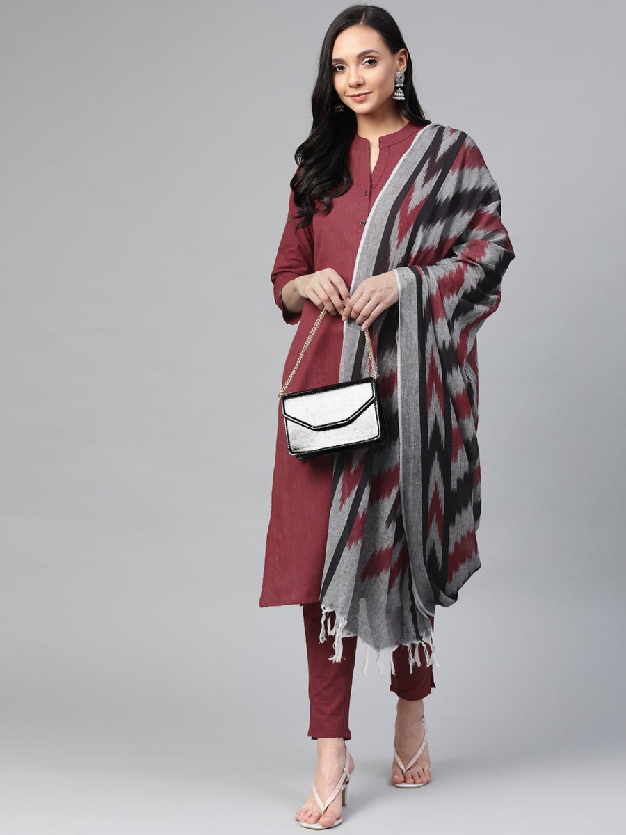 Jompers Women Maroon & Grey Solid Kurta with Trousers & Dupatta - JOKS_D17Gry_1362_Maroon_S
