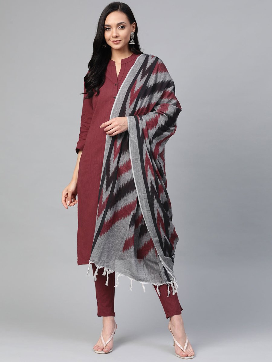 Jompers Women Maroon & Grey Solid Kurta with Trousers & Dupatta - JOKS_D17Gry_1362_Maroon_S