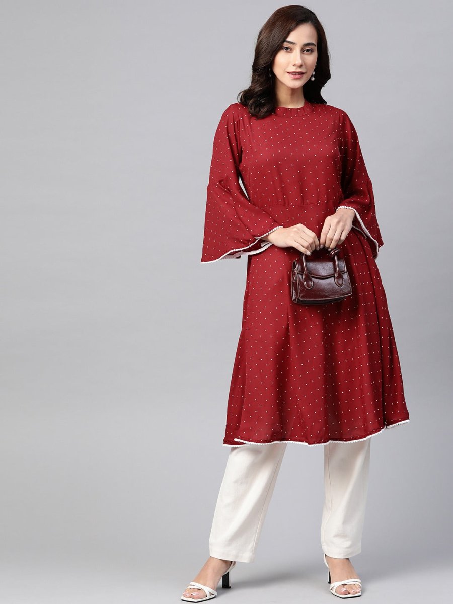 Jompers Women Maroon & White Polka Dots Print Bell Sleeves Anarkali Kurta - JOK_1382_Maroon_S