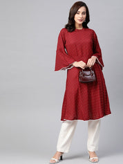 Jompers Women Maroon & White Polka Dots Print Bell Sleeves Anarkali Kurta - JOK_1382_Maroon_S