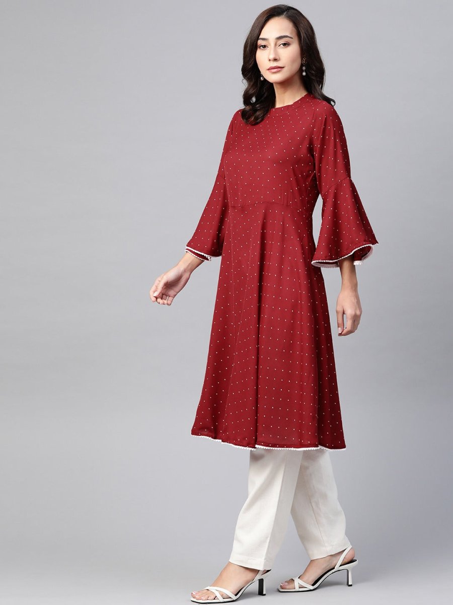 Jompers Women Maroon & White Polka Dots Print Bell Sleeves Anarkali Kurta - JOK_1382_Maroon_S