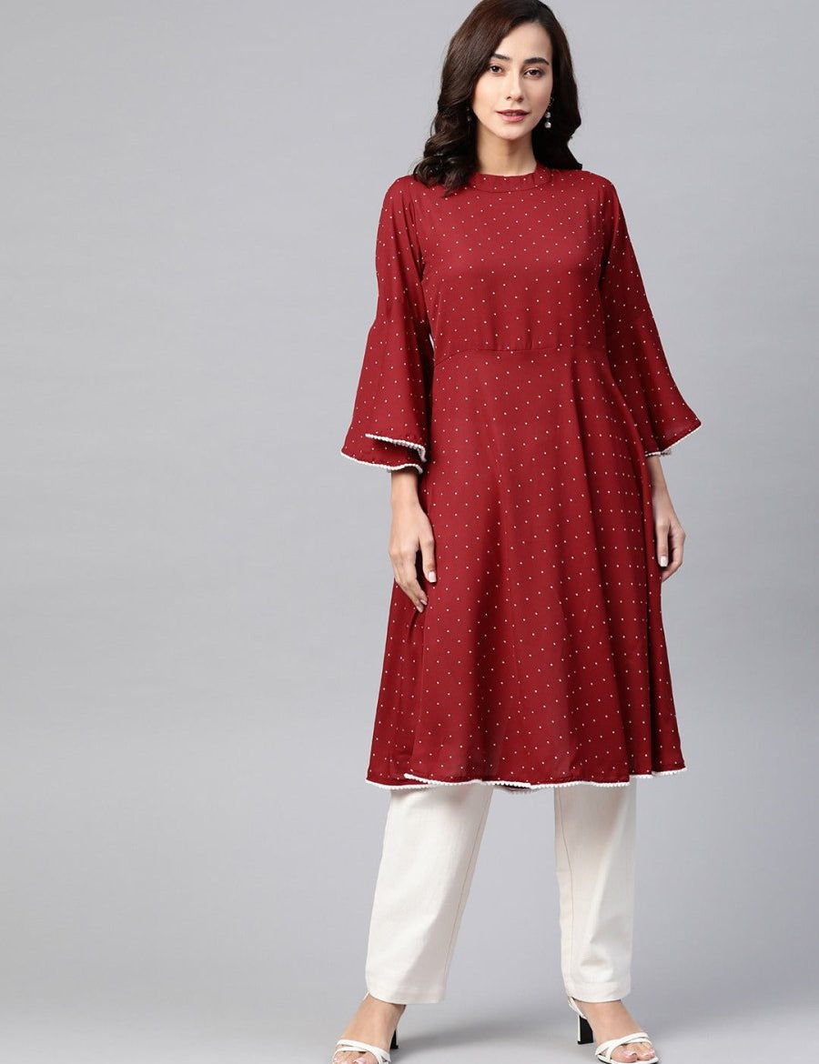 Jompers Women Maroon & White Polka Dots Print Bell Sleeves Anarkali Kurta - JOK_1382_Maroon_S
