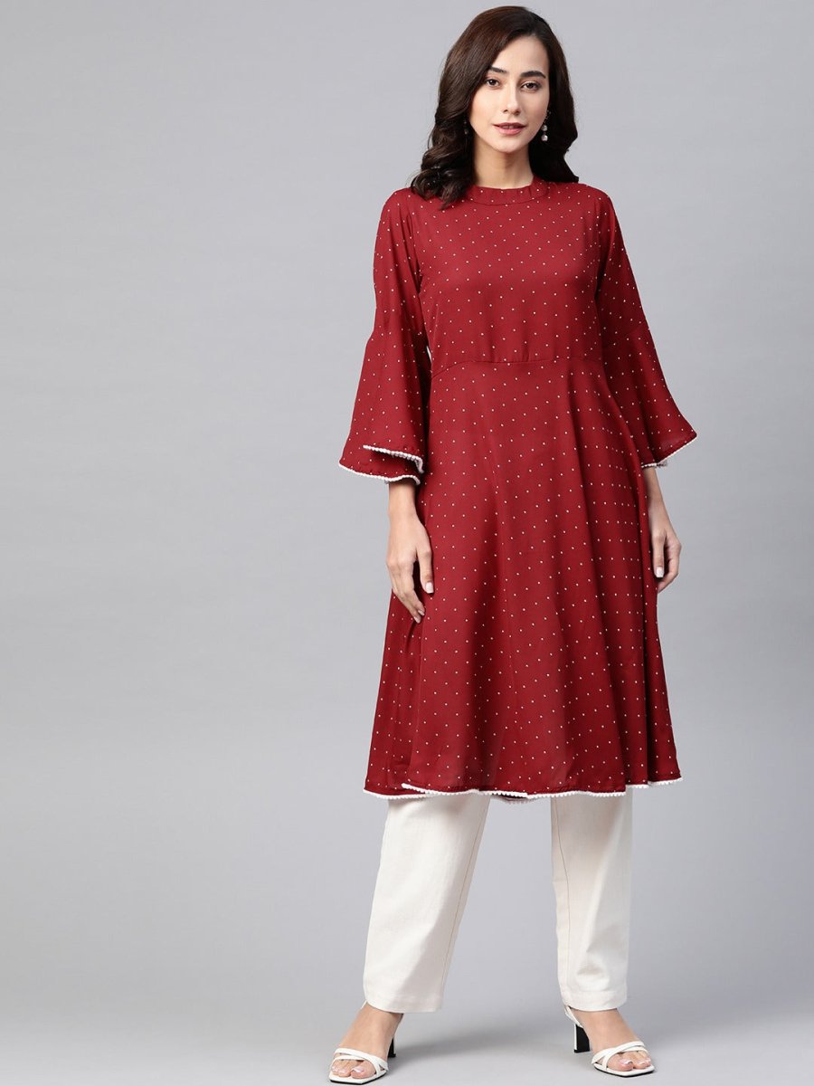 Jompers Women Maroon & White Polka Dots Print Bell Sleeves Anarkali Kurta - JOK_1382_Maroon_S