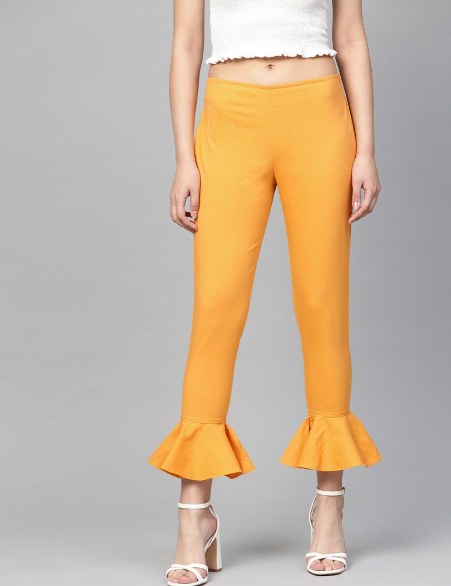 Jompers Women Mustard Smart Fit Solid Bottom Flared Trousers - JOP_2128_Mustard_S