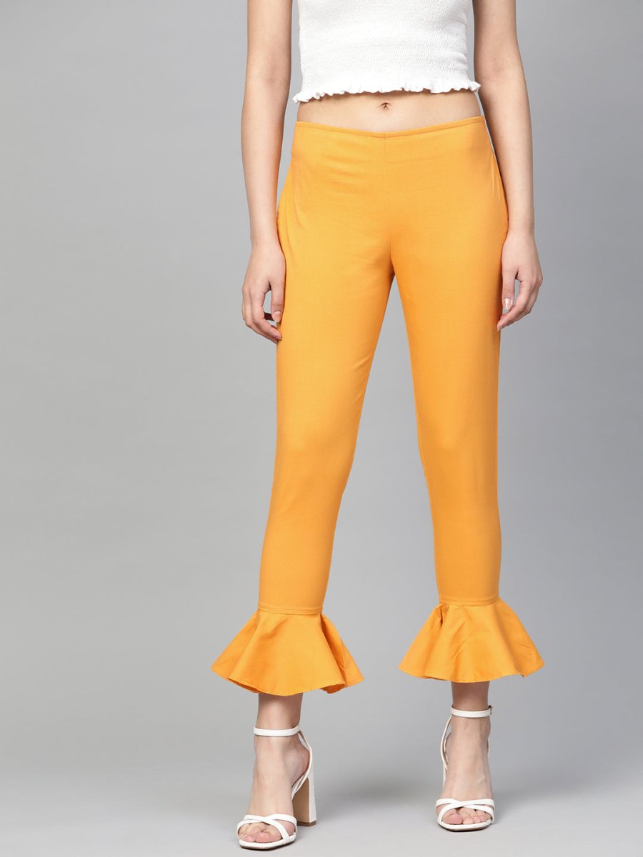 Jompers Women Mustard Smart Fit Solid Bottom Flared Trousers - JOP_2128_Mustard_S