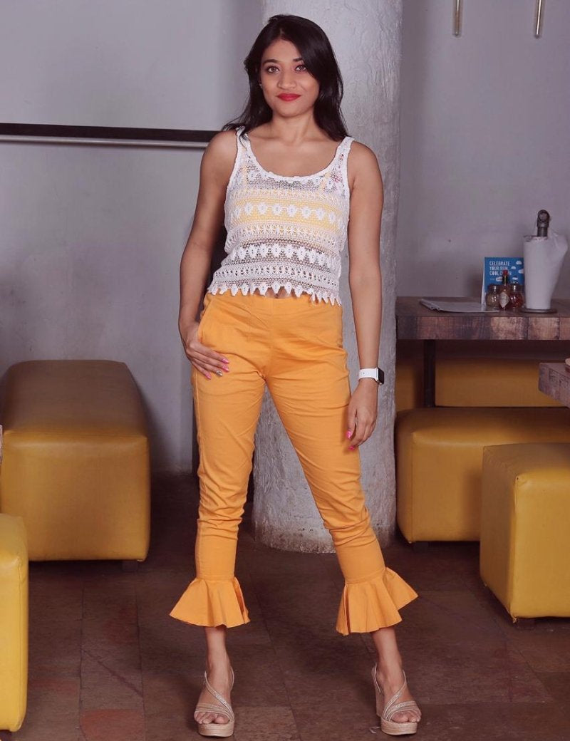 Jompers Women Mustard Smart Fit Solid Bottom Flared Trousers - JOP_2128_Mustard_S