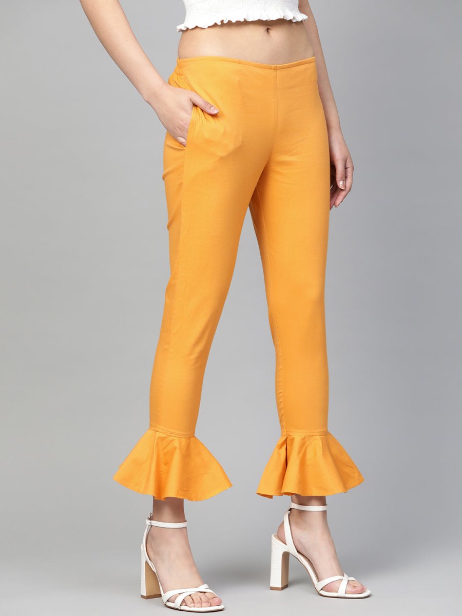 Jompers Women Mustard Smart Fit Solid Bottom Flared Trousers - JOP_2128_Mustard_S