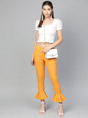 Jompers Women Mustard Smart Fit Solid Bottom Flared Trousers - JOP_2128_Mustard_S