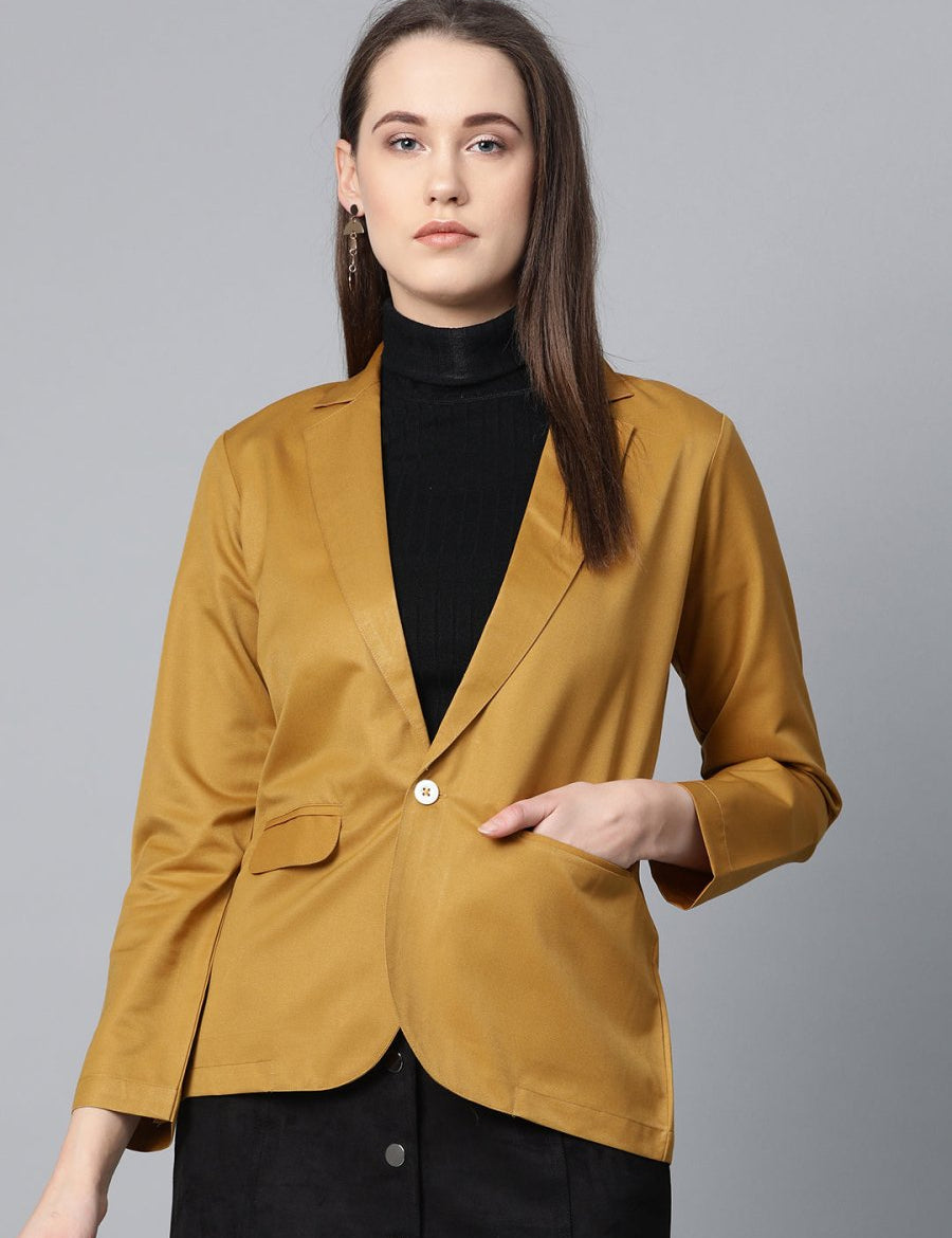 Jompers Women Mustard Solid Single-Breasted Smart Casual Blazer - JOB_6001_Mustard_XS