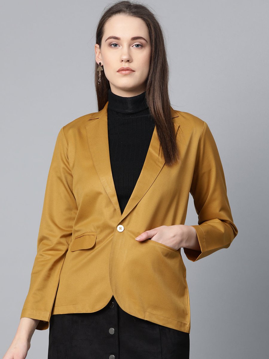 Jompers Women Mustard Solid Single-Breasted Smart Casual Blazer - JOB_6001_Mustard_XS