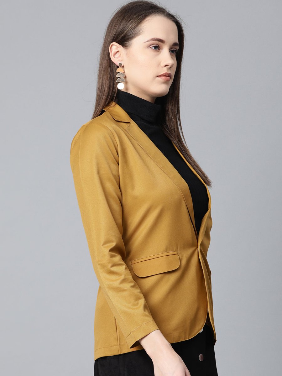 Jompers Women Mustard Solid Single-Breasted Smart Casual Blazer - JOB_6001_Mustard_XS